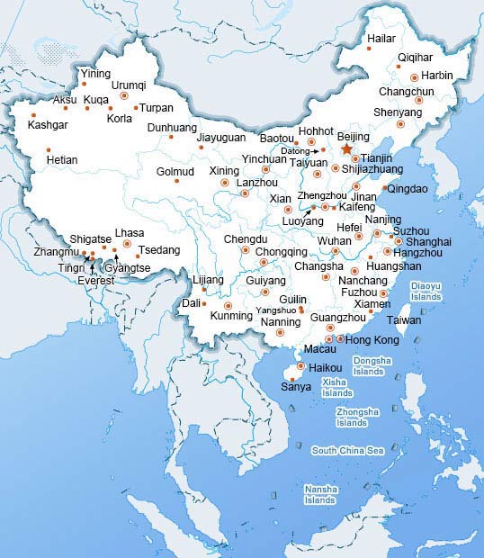 China map with major cities